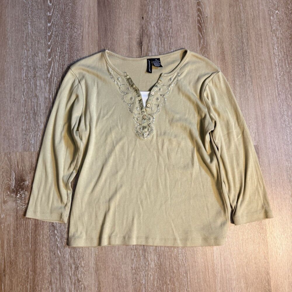 Jason Maxwell Blouse Mint Green Top Size M Long Sleeve Sequin Beaded V-Neck Y2K